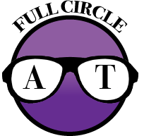 Black glacier glasses with white lenses displaying "A" in the left lens, and "T" in the right lens. This image is on top of a purple gradient circle, with the words "Full Circle" arced above it.